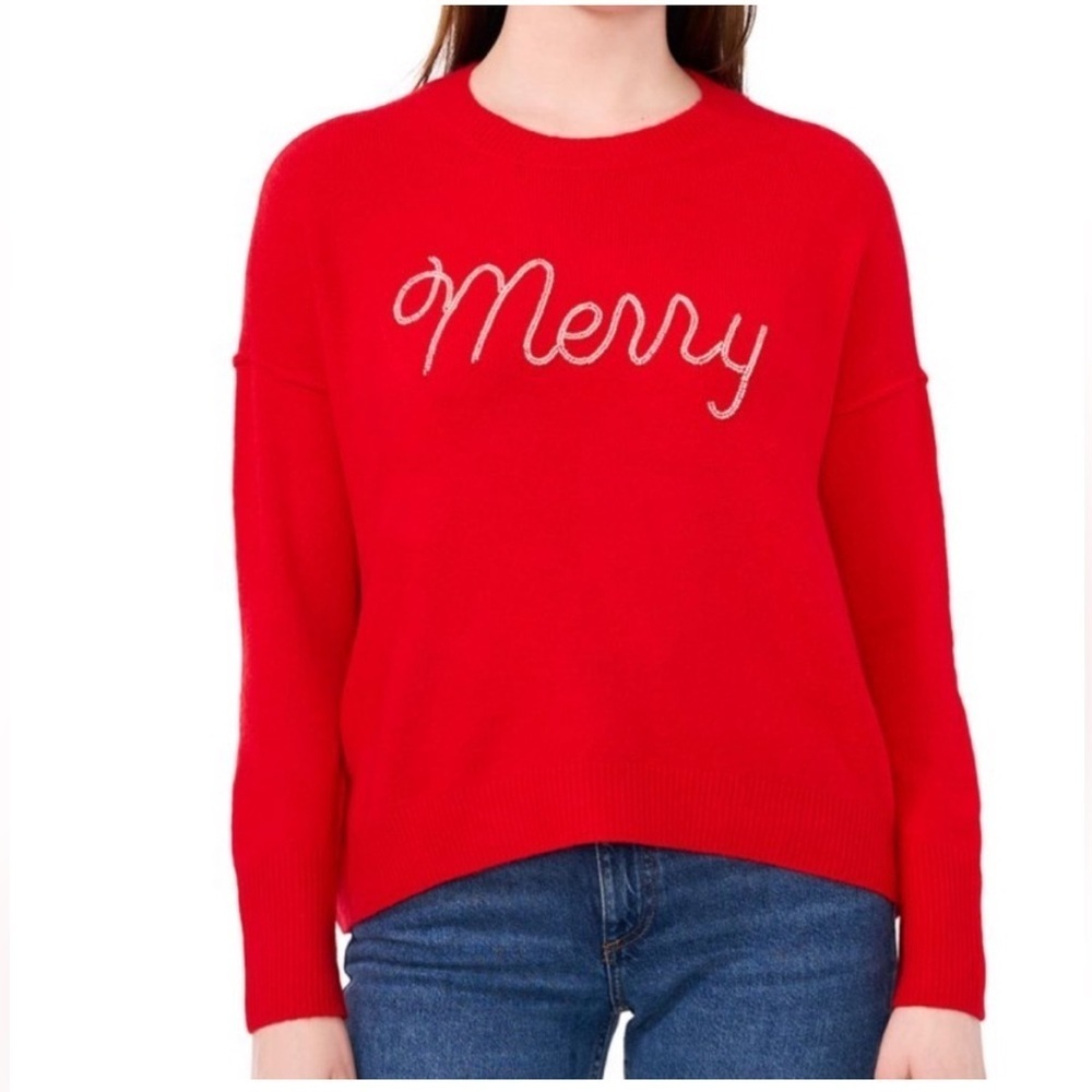 Vince Camuto red with Silver beaded “Merry” Holiday Sweater NWT Large and XL